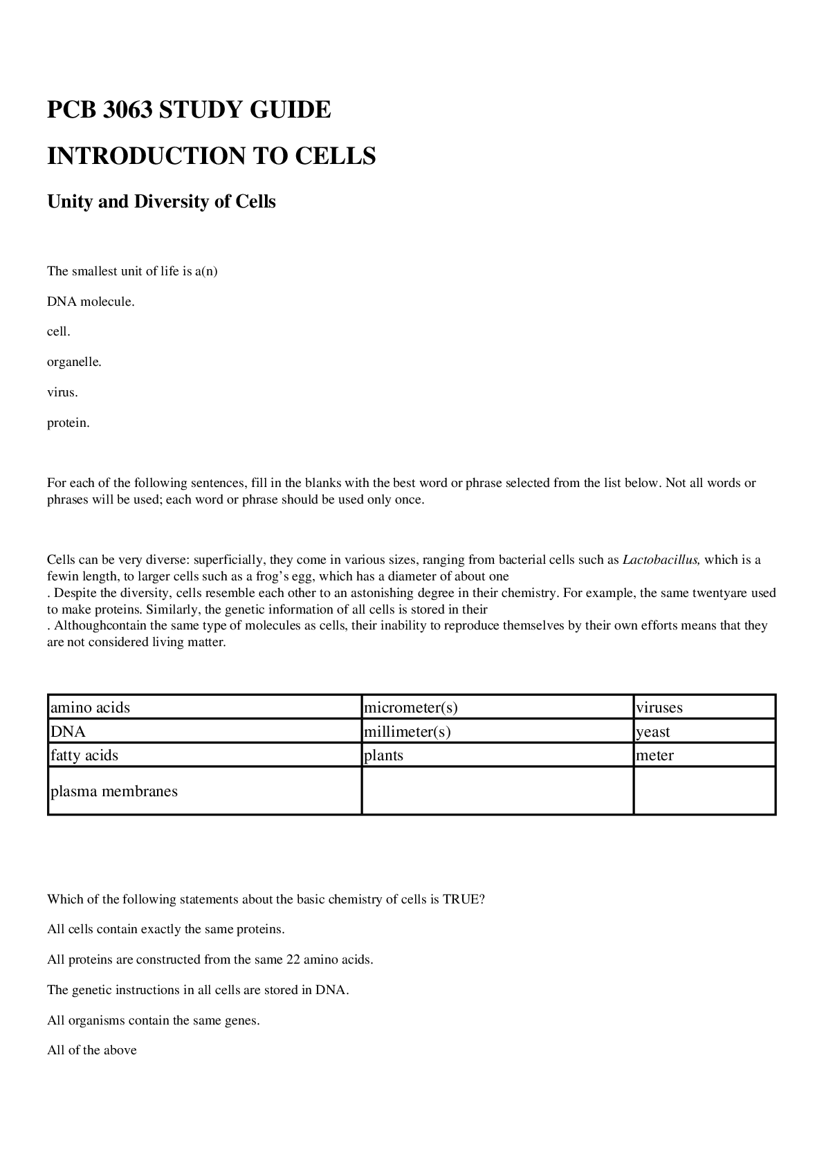 Preview image for PCB 3063 STUDY GUIDE - INTRODUCTION TO CELLS